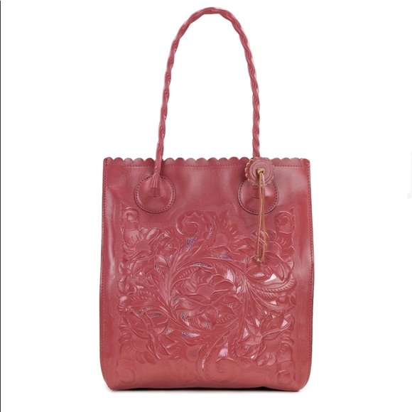 NEW Patricia Nash SPRING TOOLED LEATHER TOTE CAVO DUSTY ROSE LARGE BROWN CUTOUT - Picture 2 of 16
